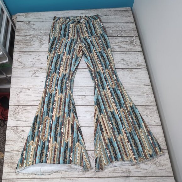 Rock & Roll Denim Ladies High Rise Blue/Brown Aztec Bell Bottom Jeans 28x34 - Picture 1 of 8